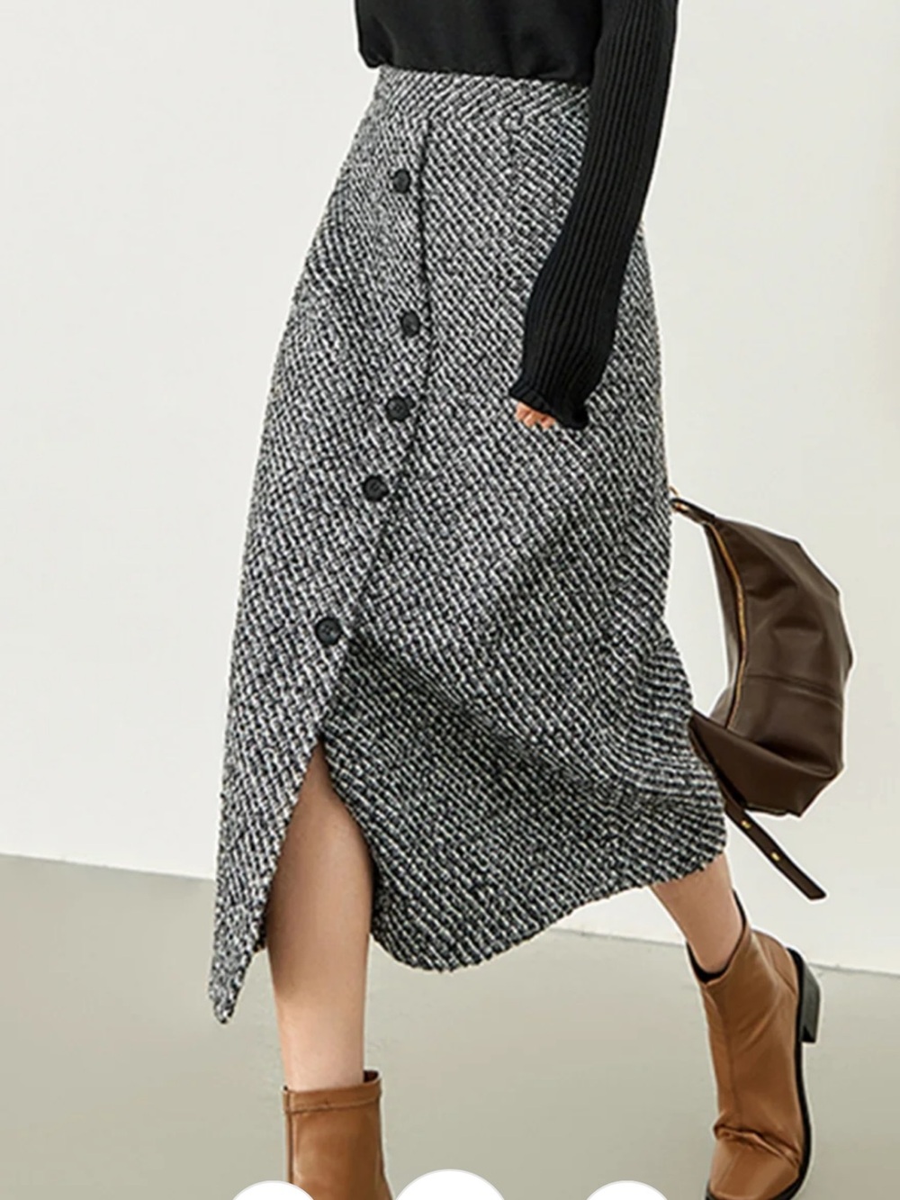 Black & White Tweed Button-Front Midi Skirt